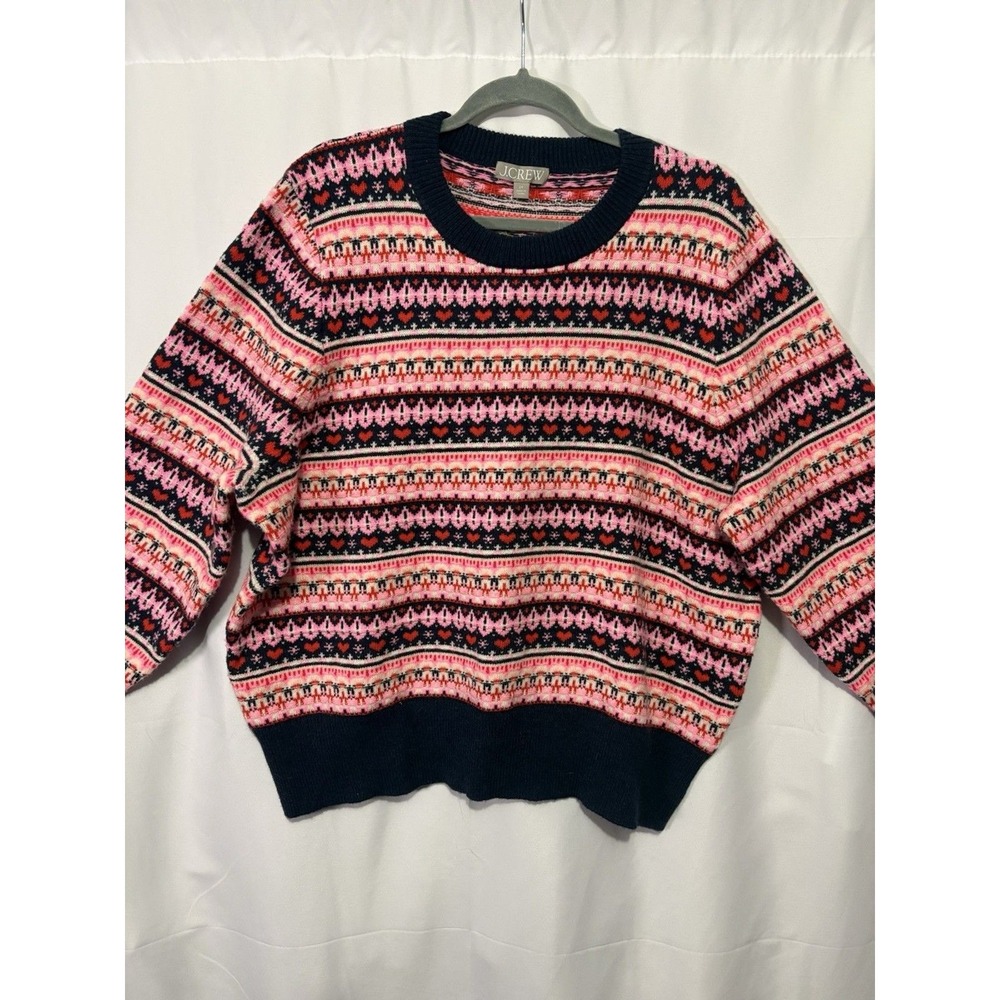 J Crew Women's Fair Isle Winter Sweater Pink Blue Heart Nordic Sz 2X Wool Blend